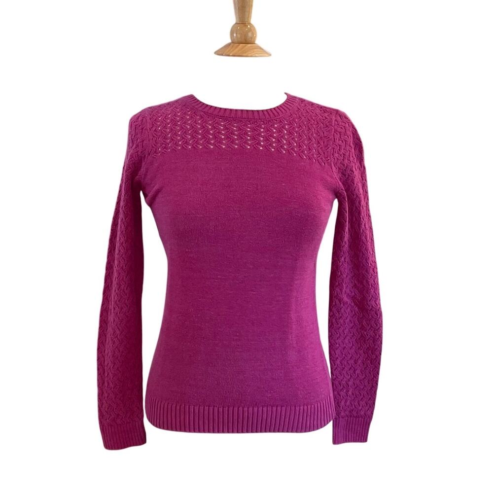 LOFT Cotton Fuchsia/Magenta/Purple Long Sleeve Sweater, Open Knit Sleeves, XS